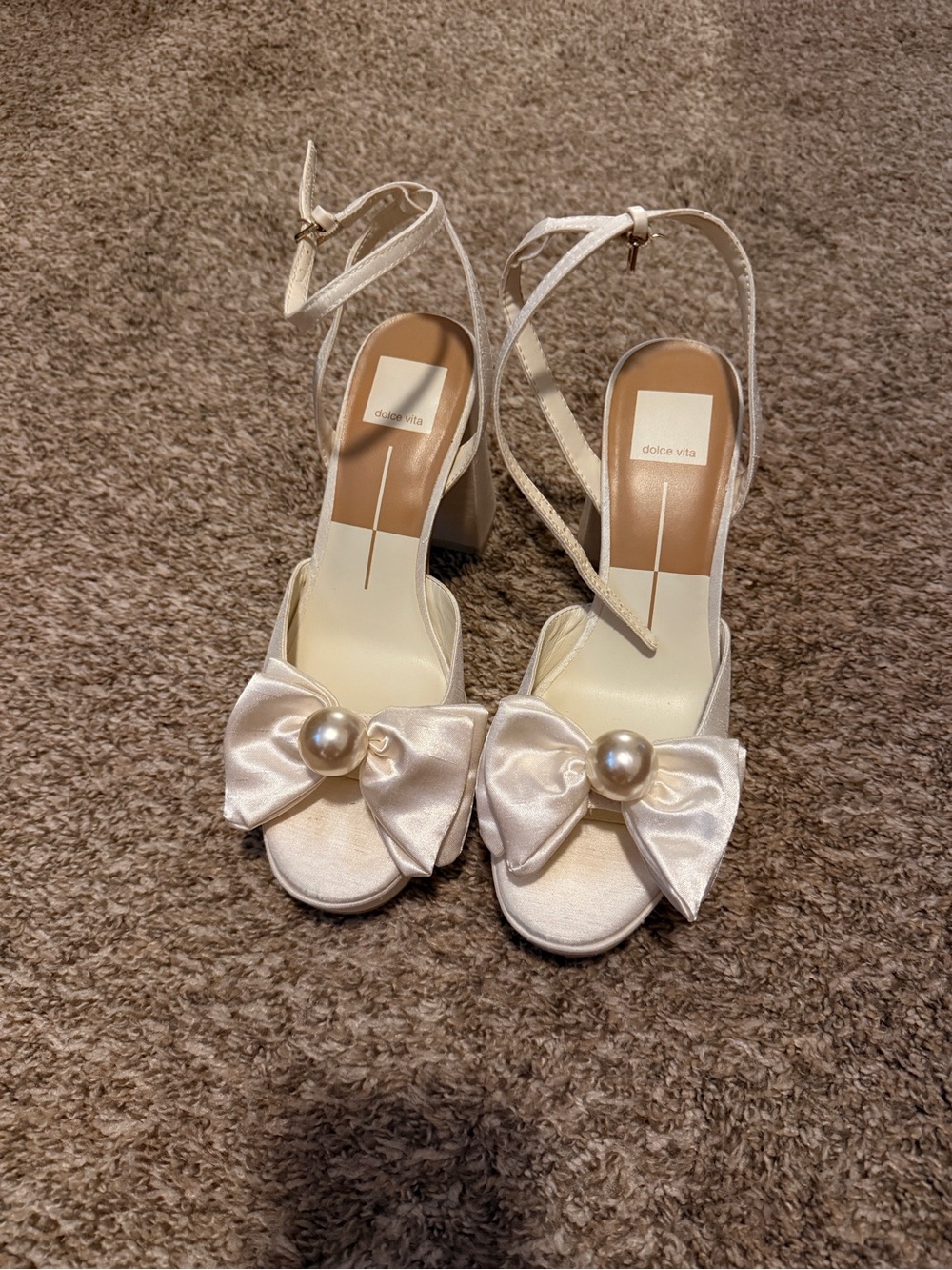 Dolce Vita Cream Satin Bow Pearl Ankle-Strap Heels